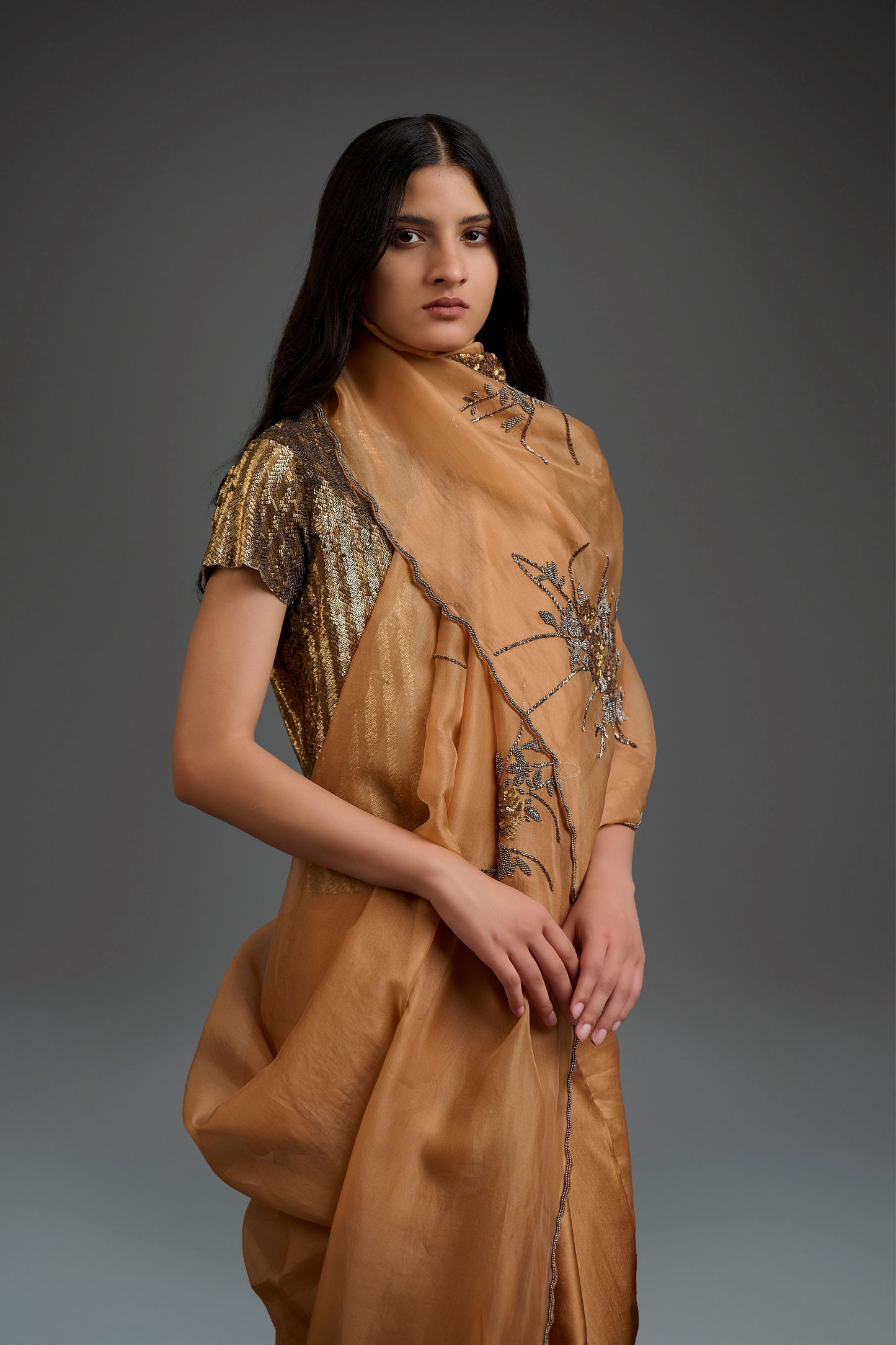 Apricot Hand Sequined Hand Beaded Sari