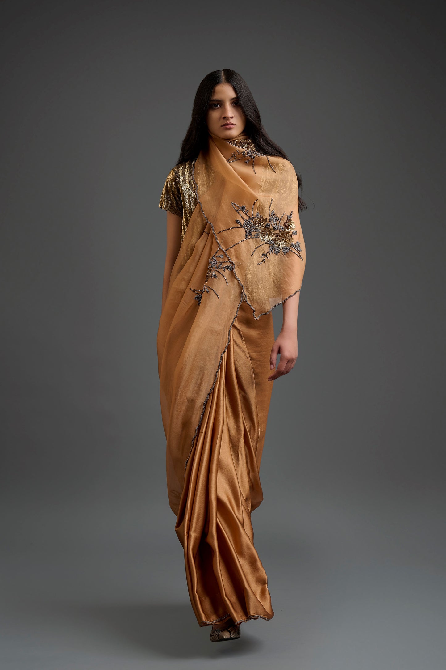 Apricot Hand Sequined Hand Beaded Sari