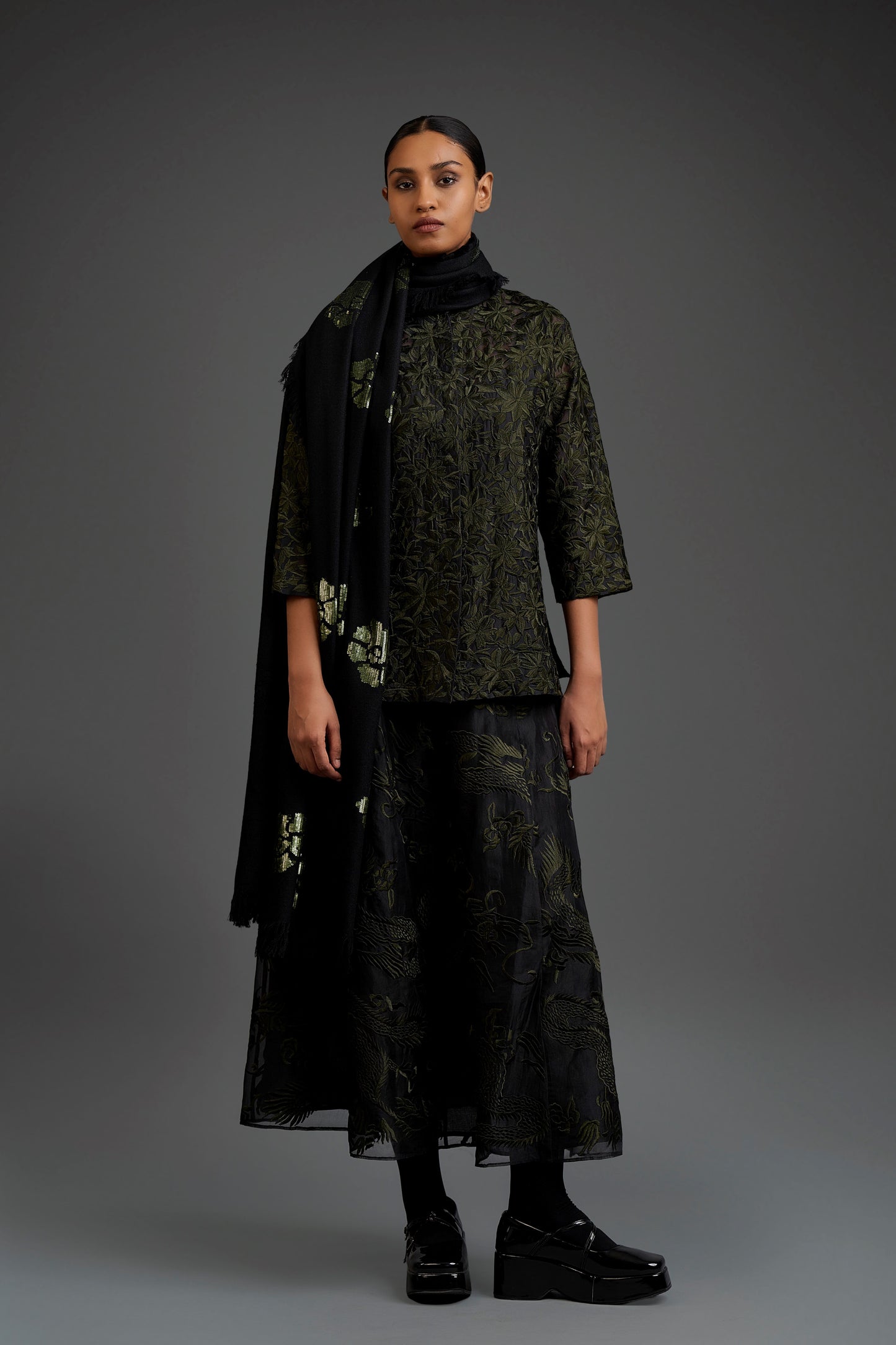 Black Wool Shawl with Forest Sequin Work