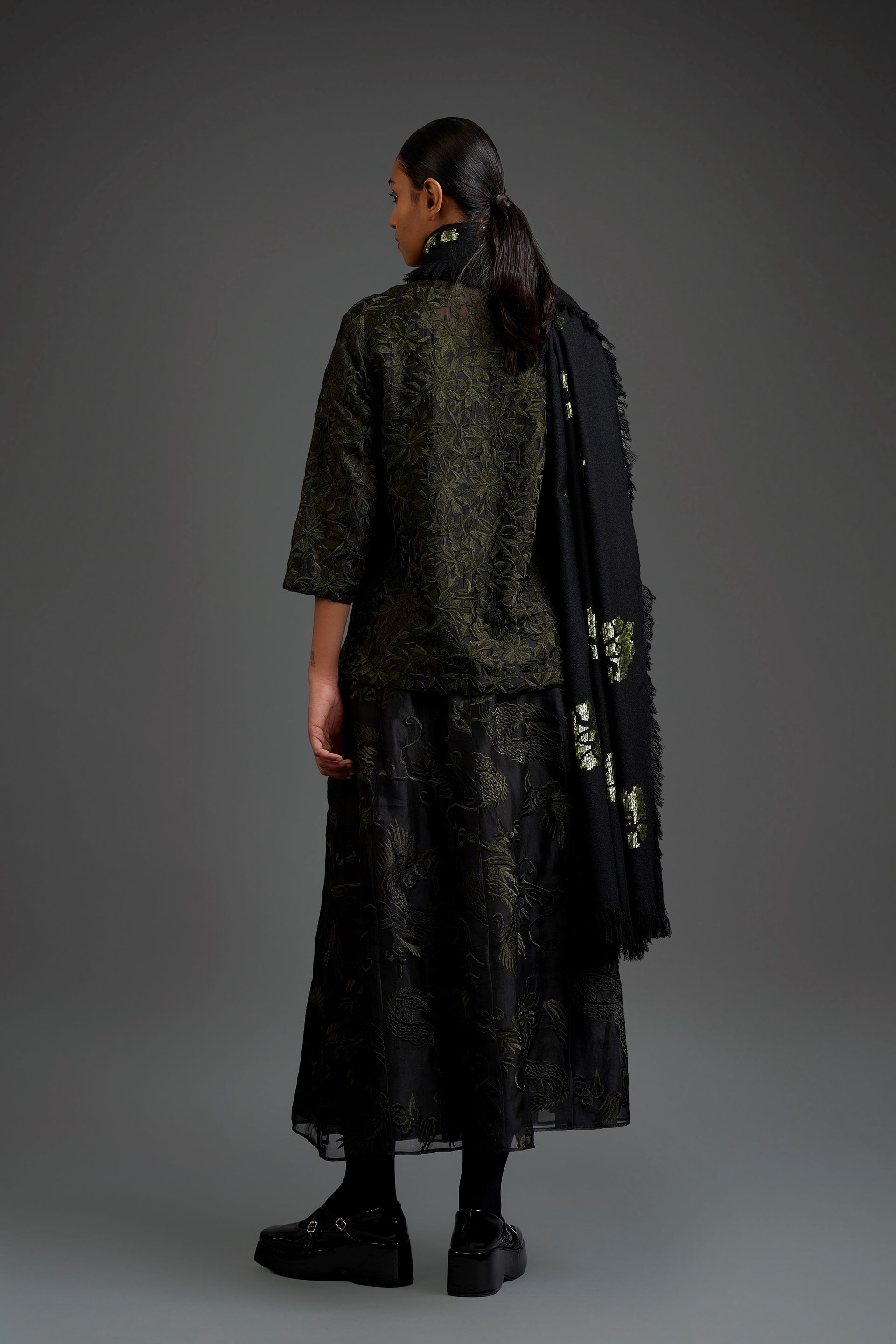 Black Wool Shawl with Forest Sequin Work