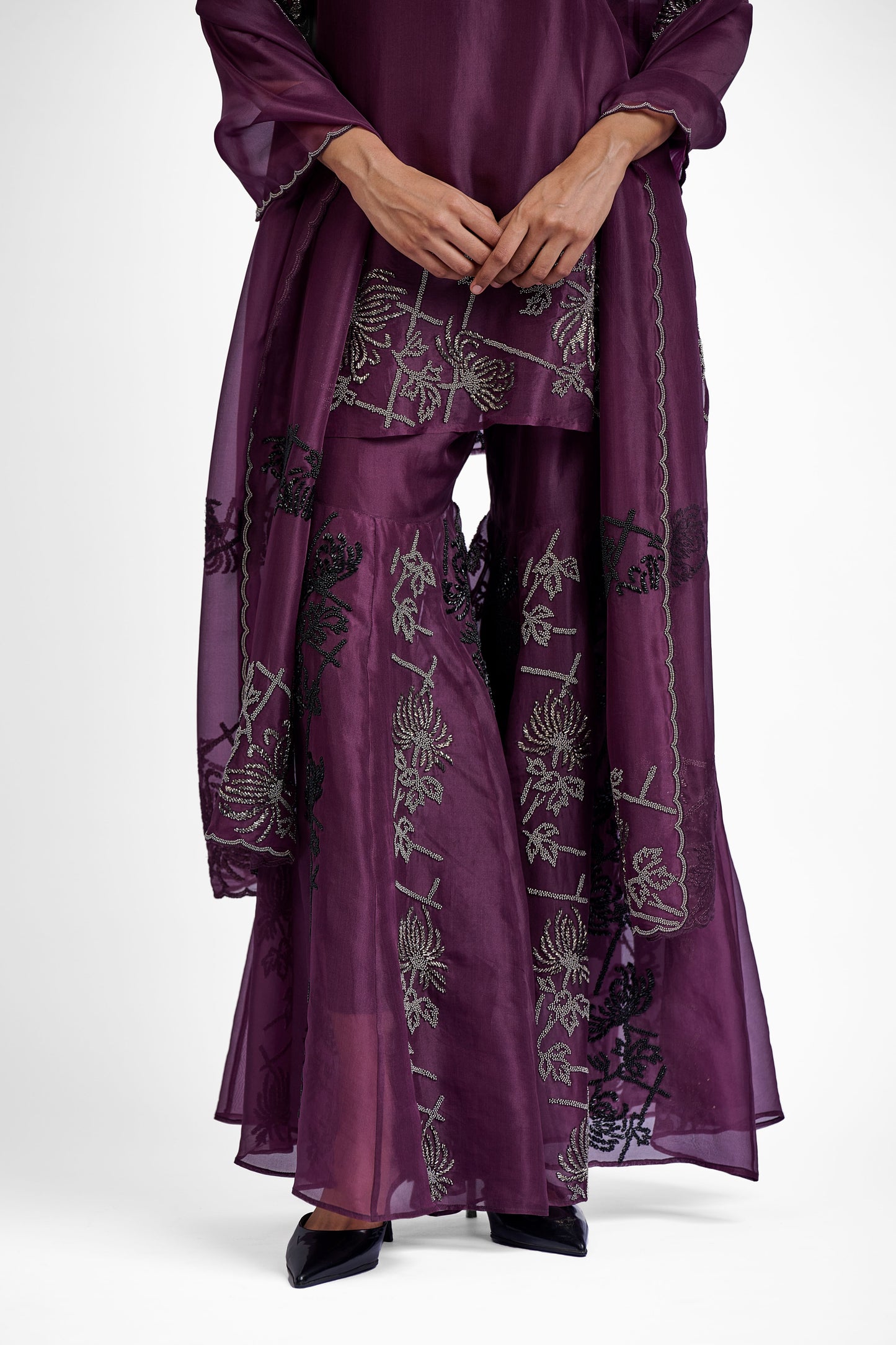 Wine Hand Beaded Sharara