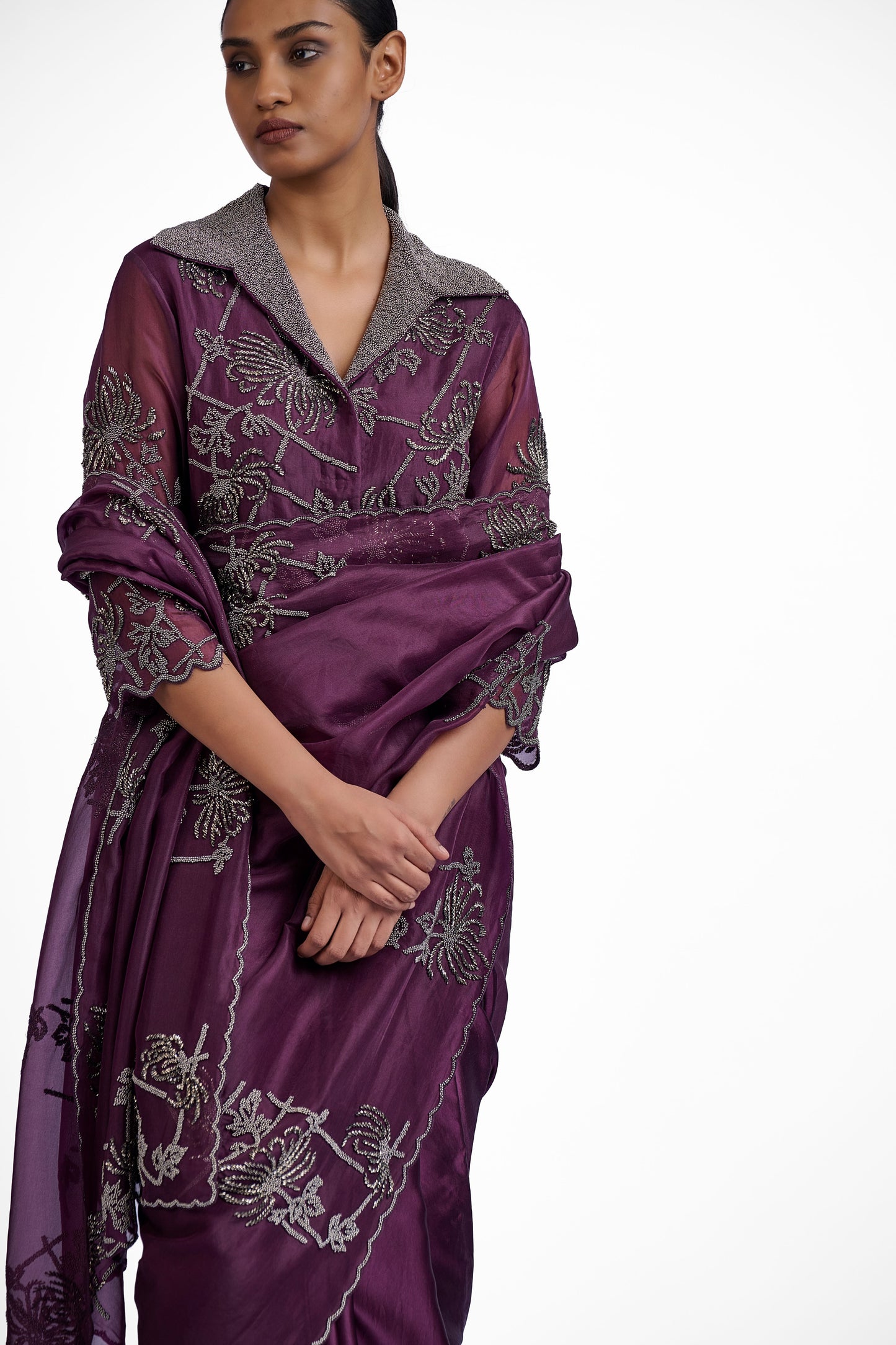 Wine Hand Beaded Sari