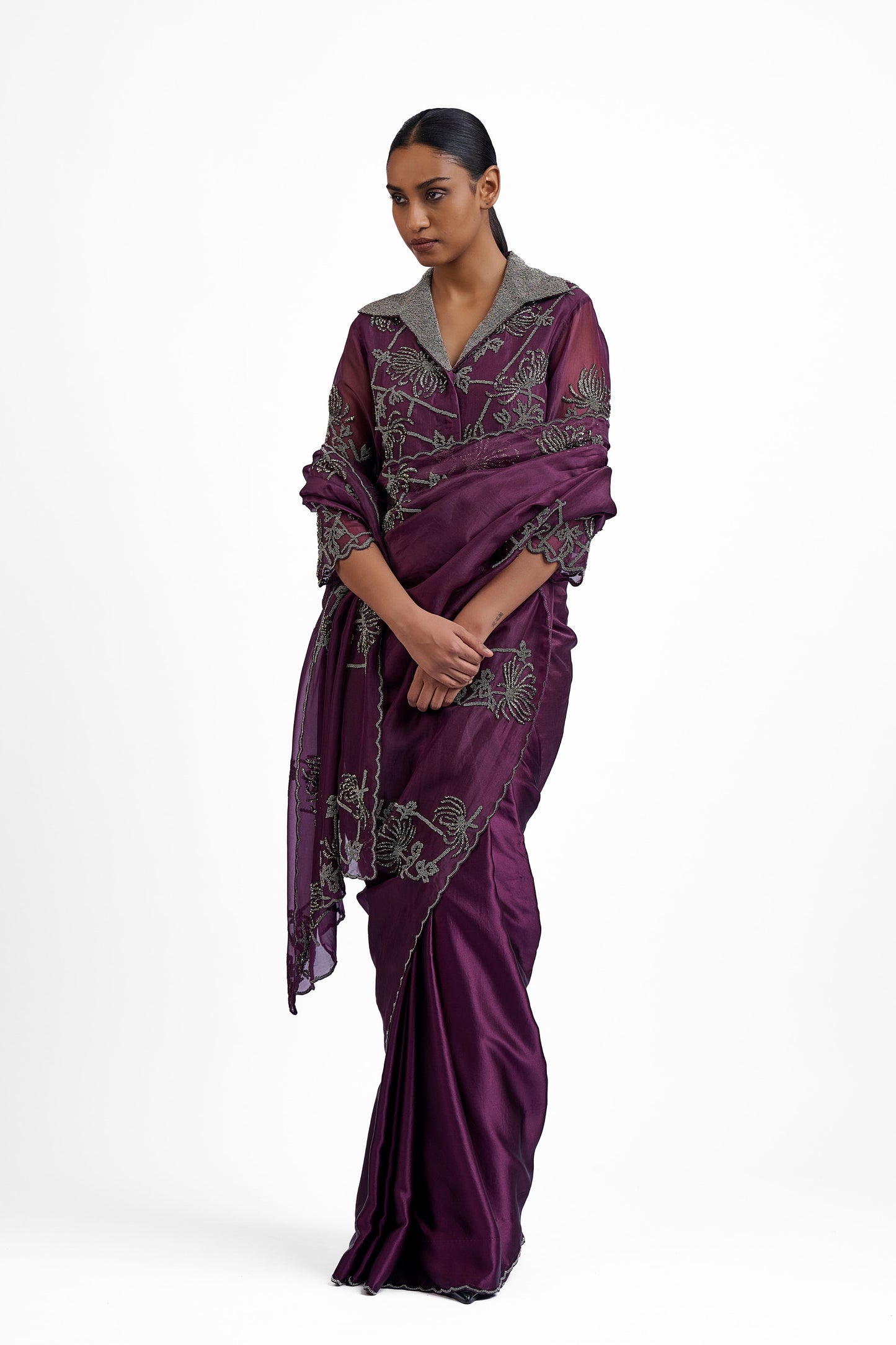 Wine Hand Beaded Sari