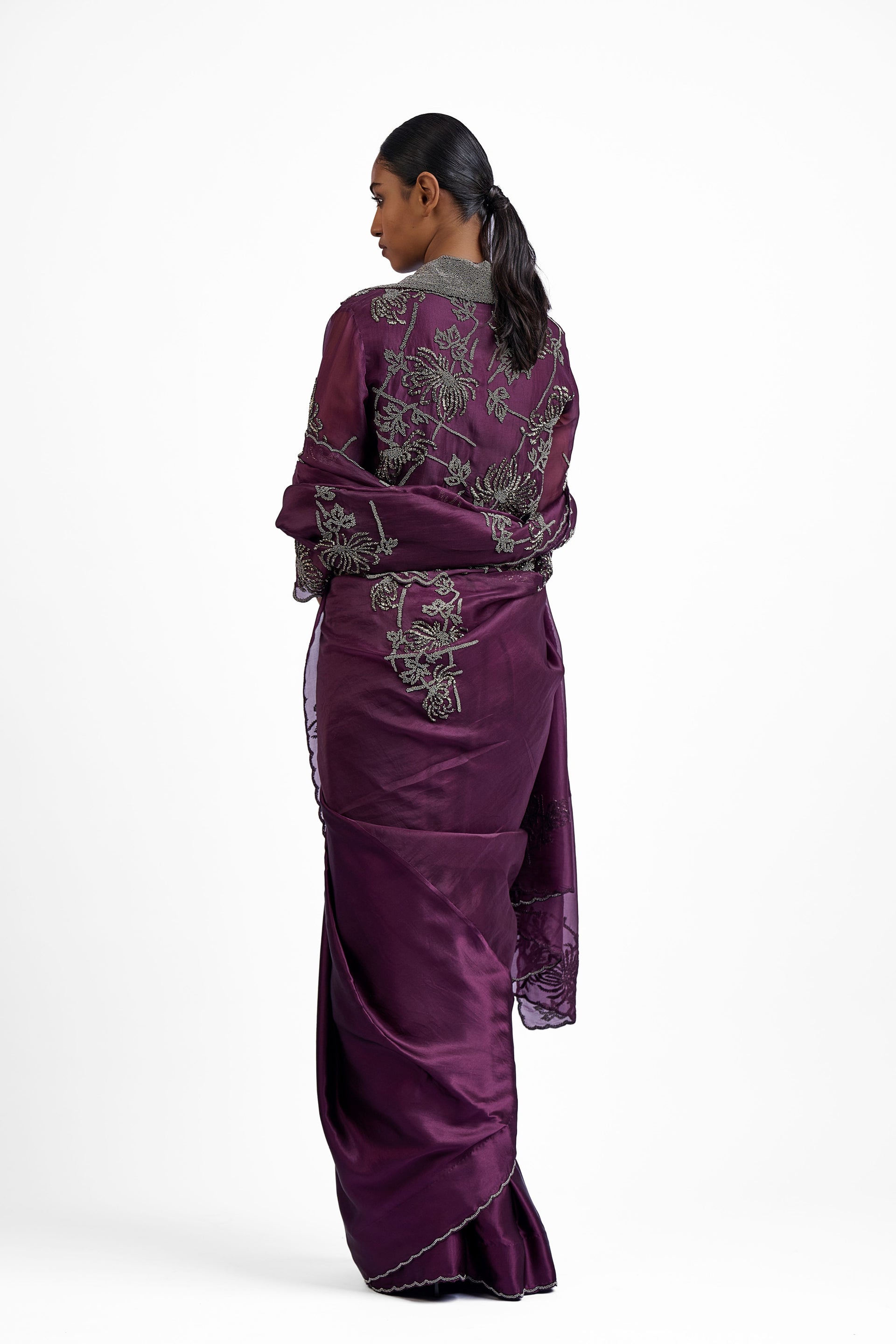 Wine Hand Beaded Sari