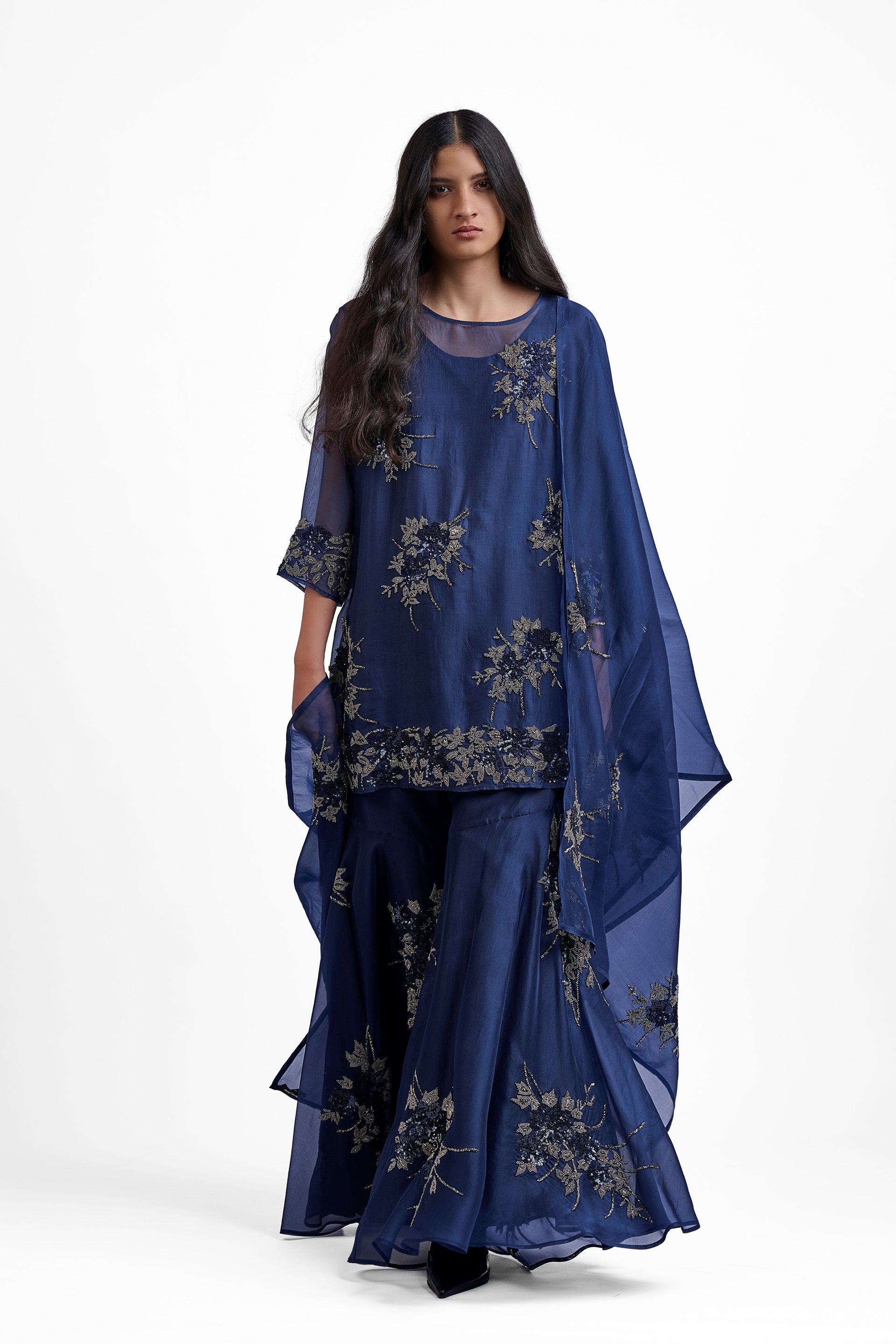 Navy Hand Sequined Hand Beaded Sharara