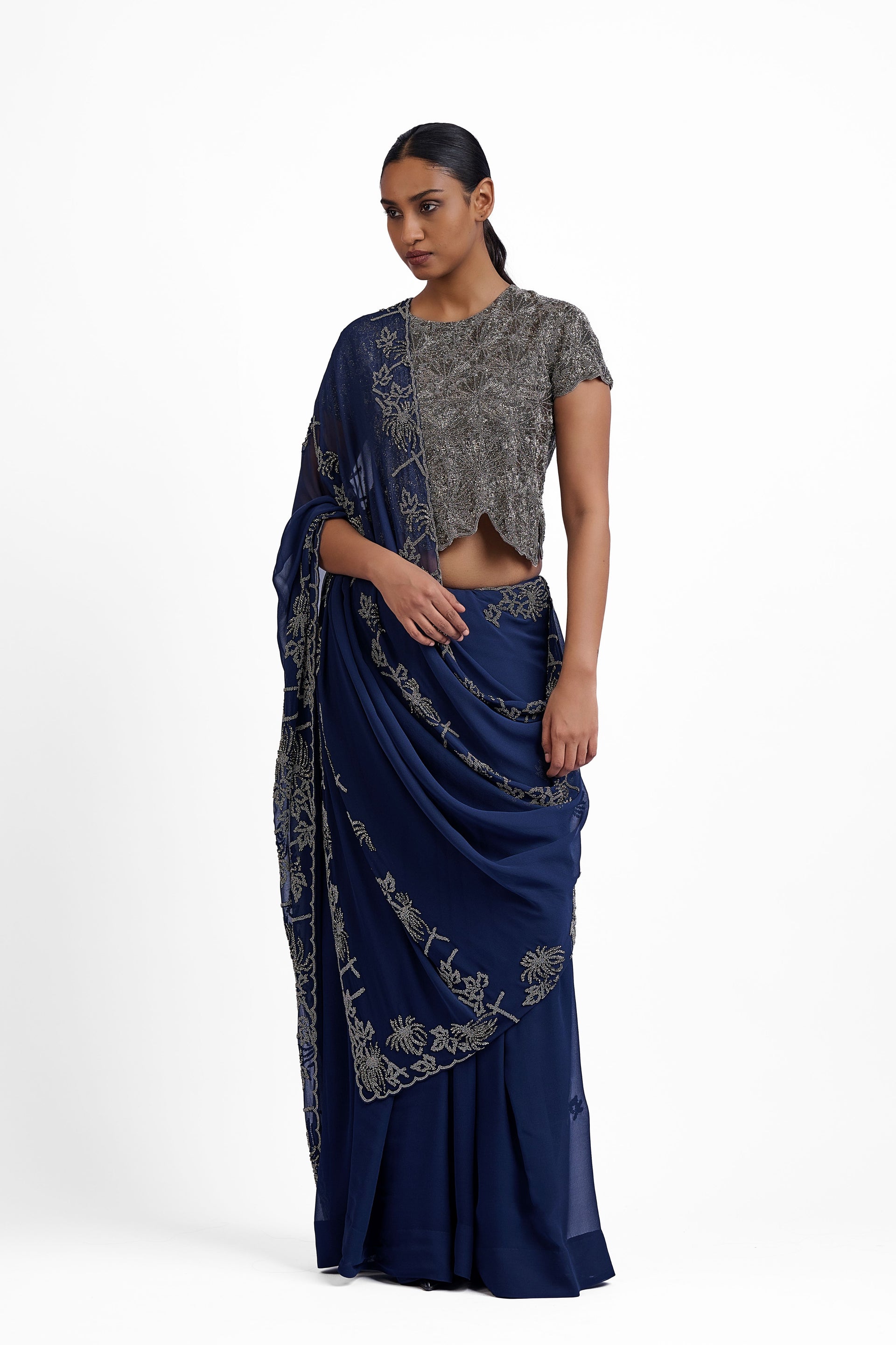 Navy Hand Beaded Sari