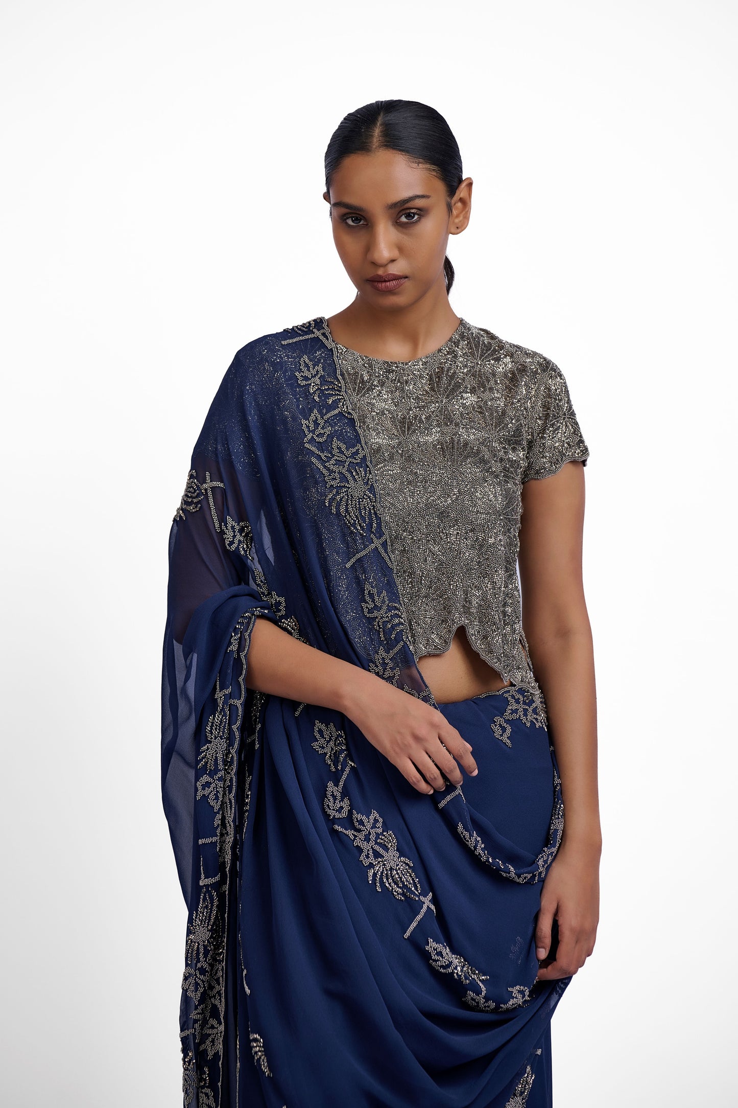 Navy Hand Beaded Sari