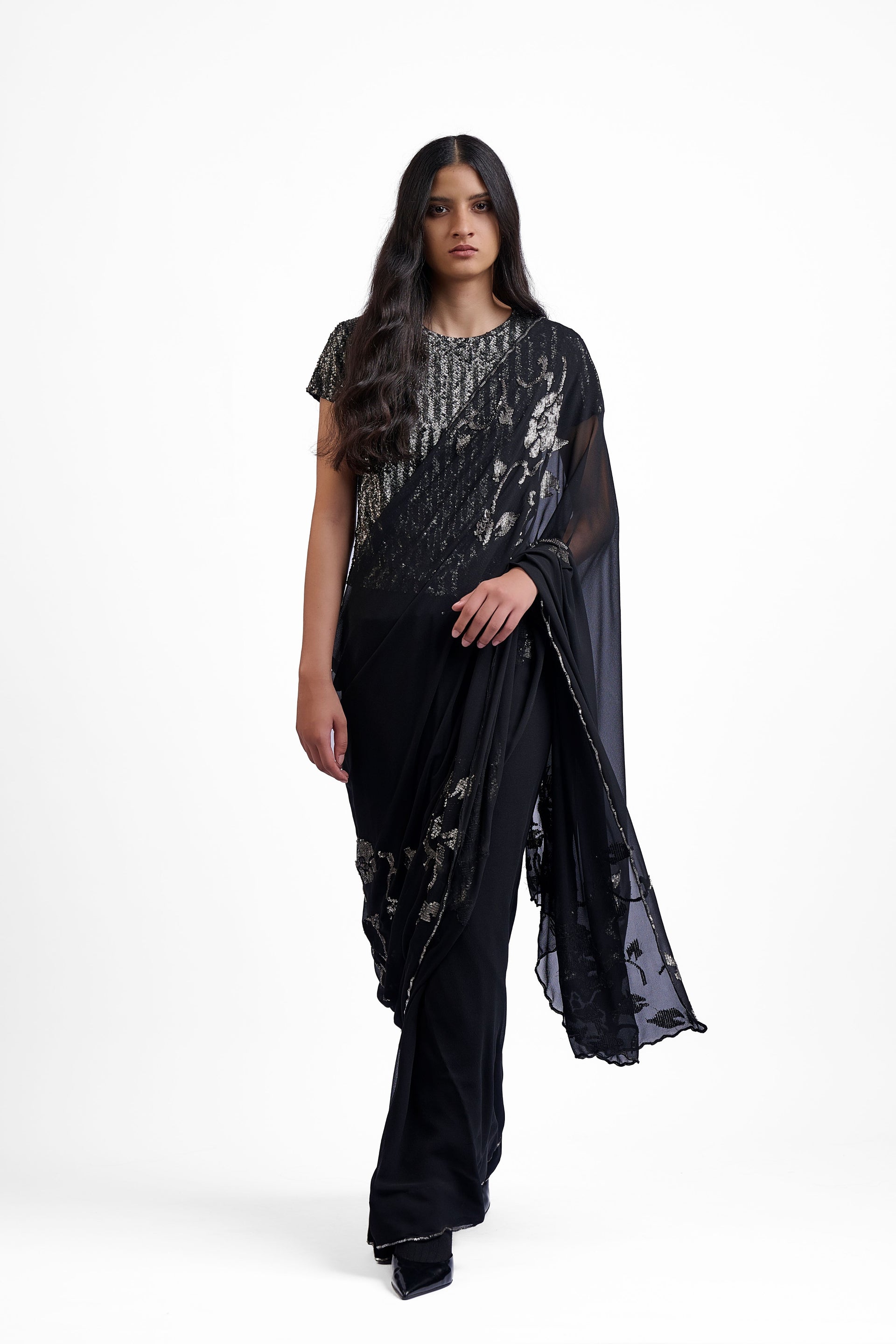 Black Hand Sequined Silk Georgette Sari