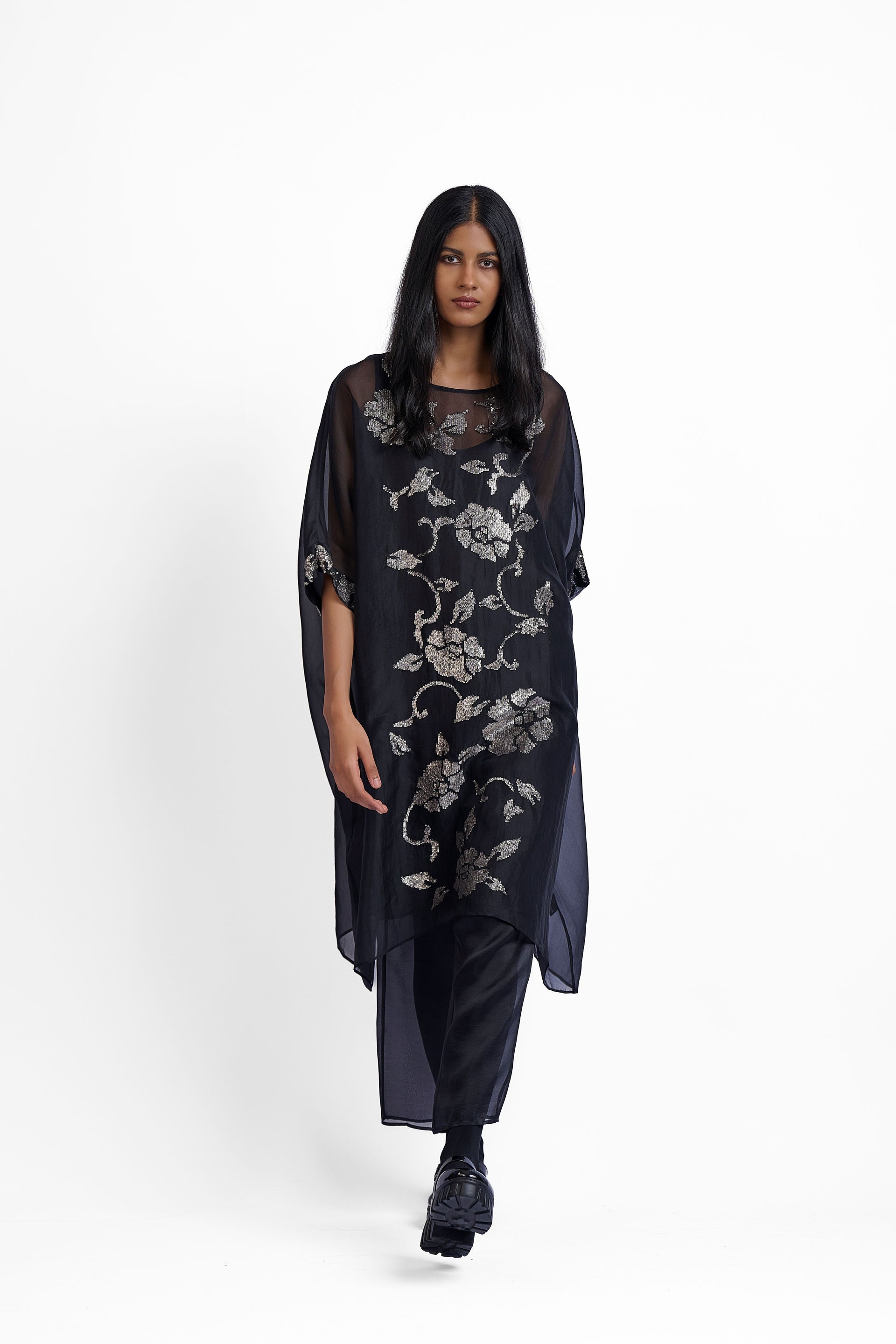 Black Solid Silk Organza Pants