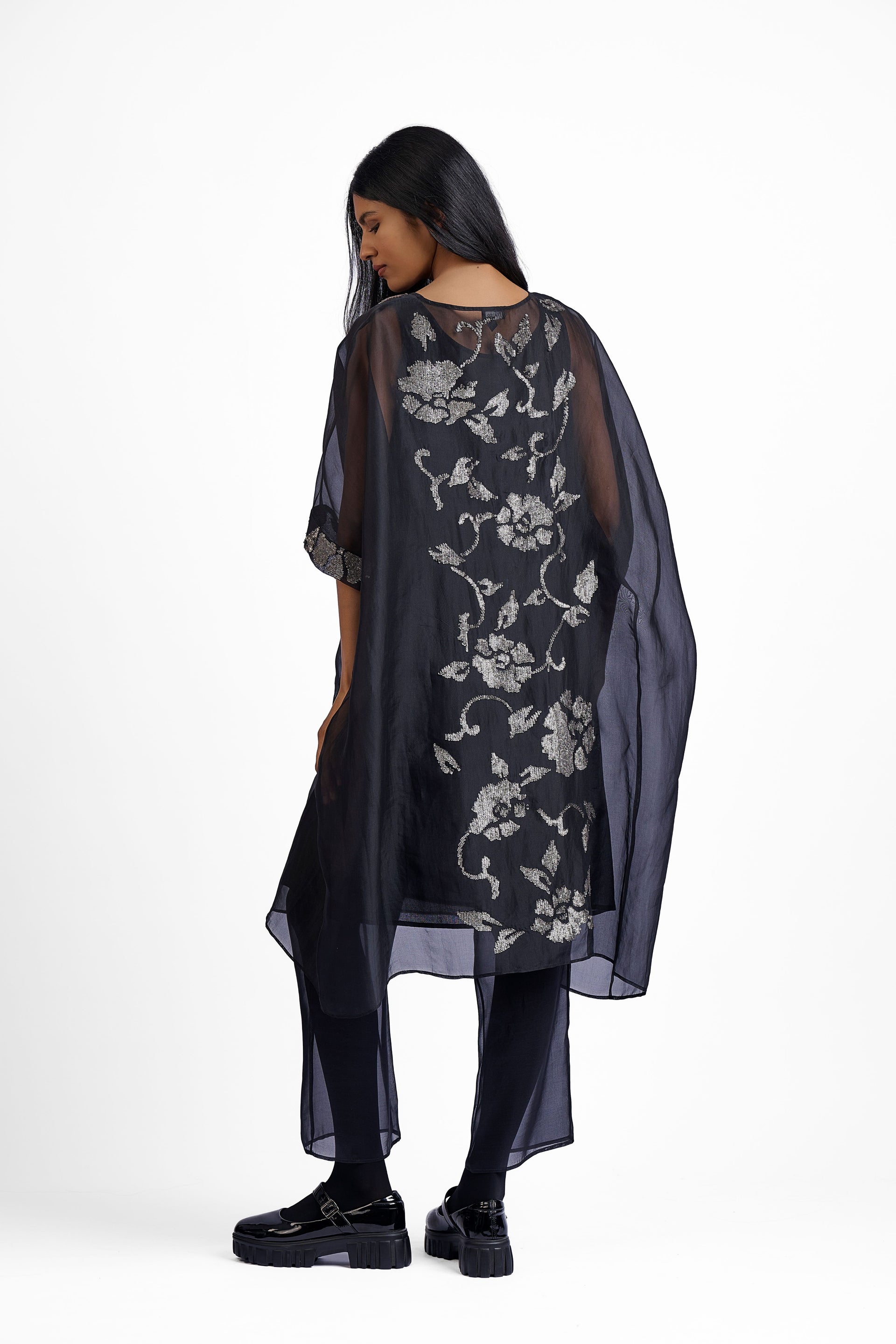 Black Solid Silk Organza Pants