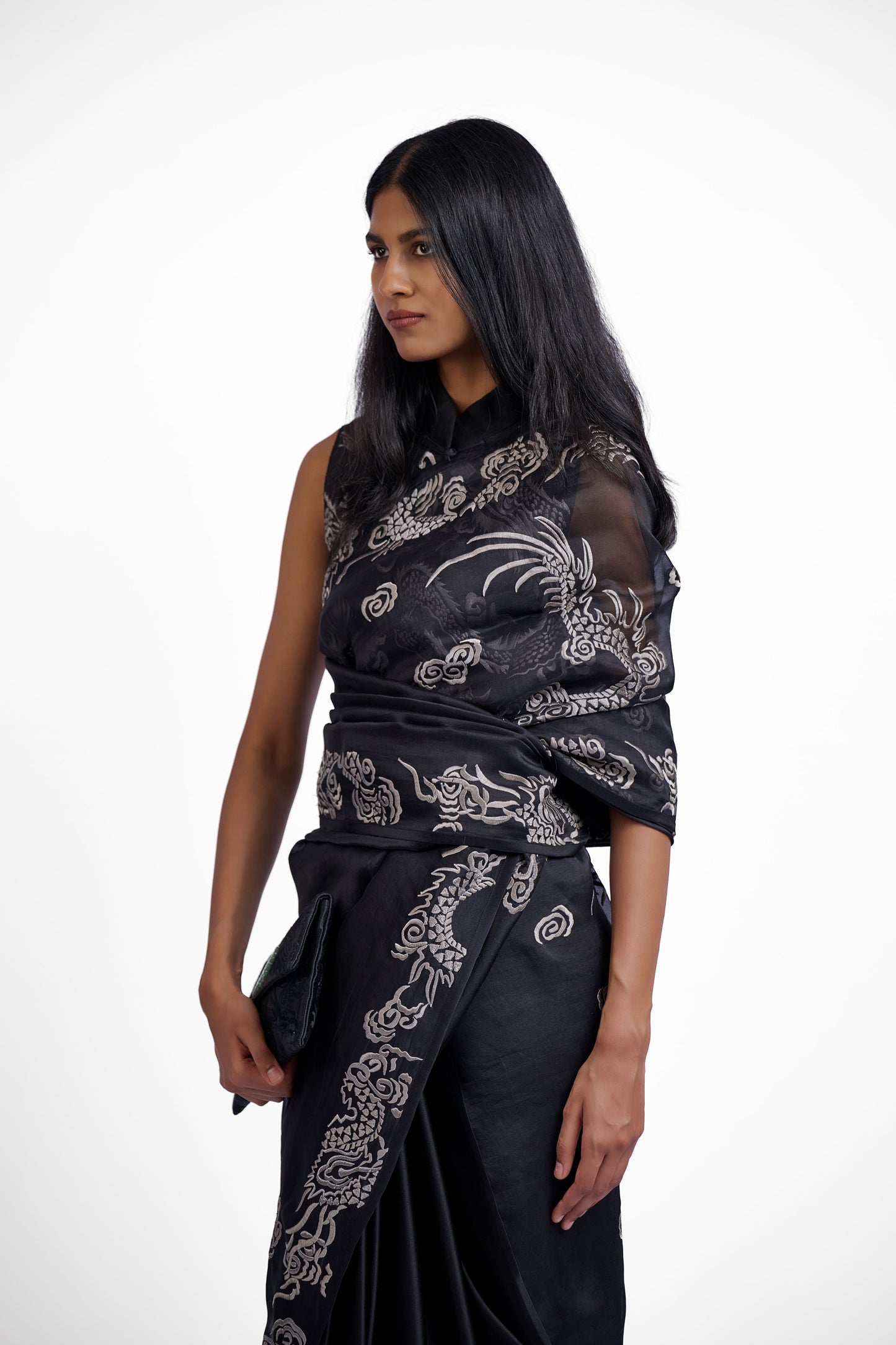 Black Flat Stitch Sari