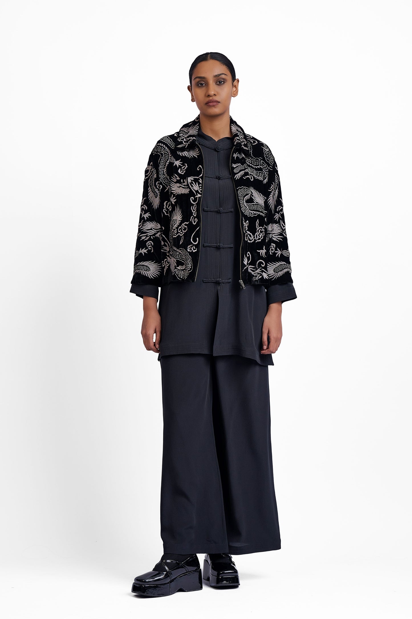 Black Solid Silk Crepe Jacket