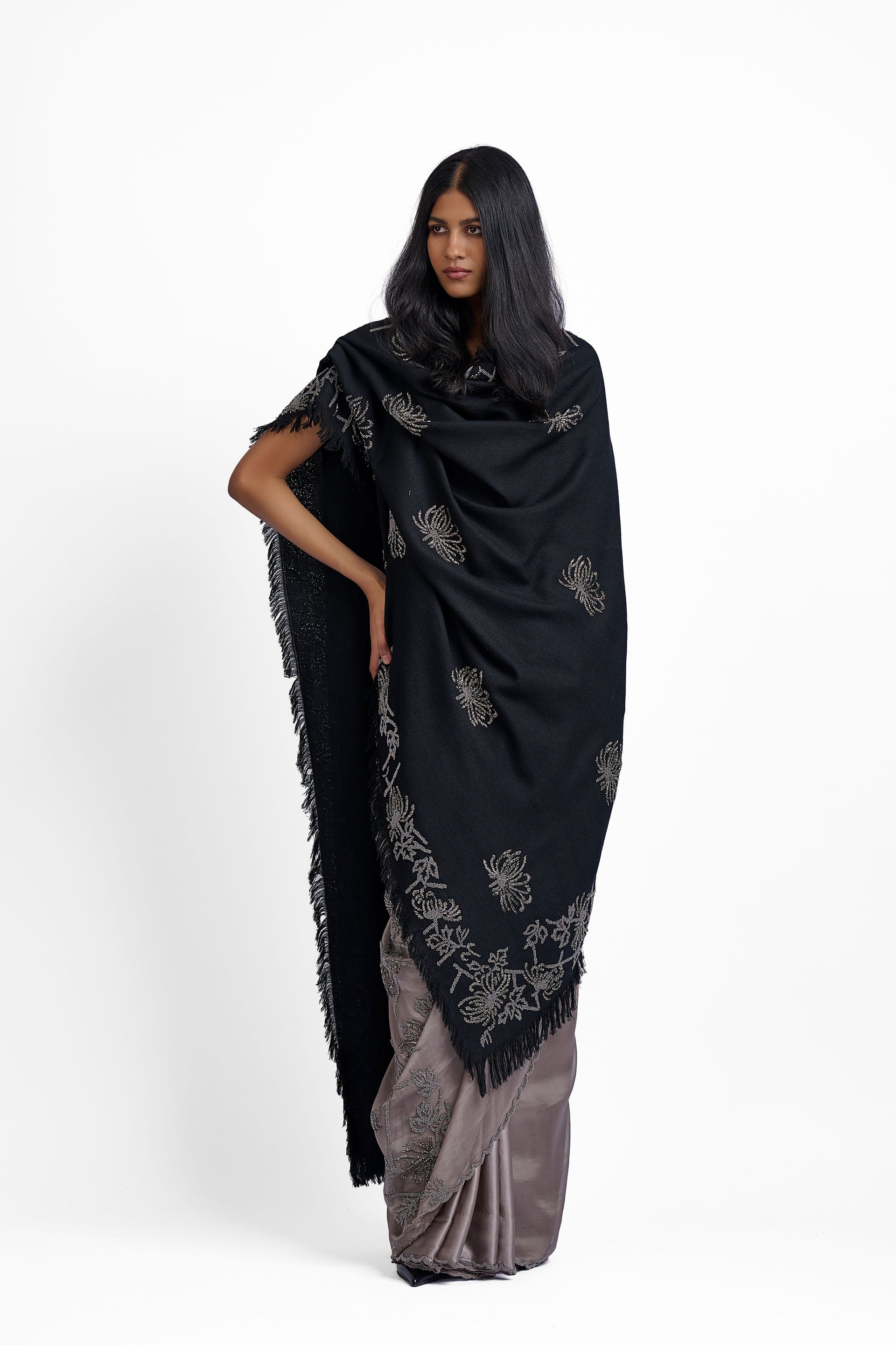 Black Wool Shawl with Silver Beadwork