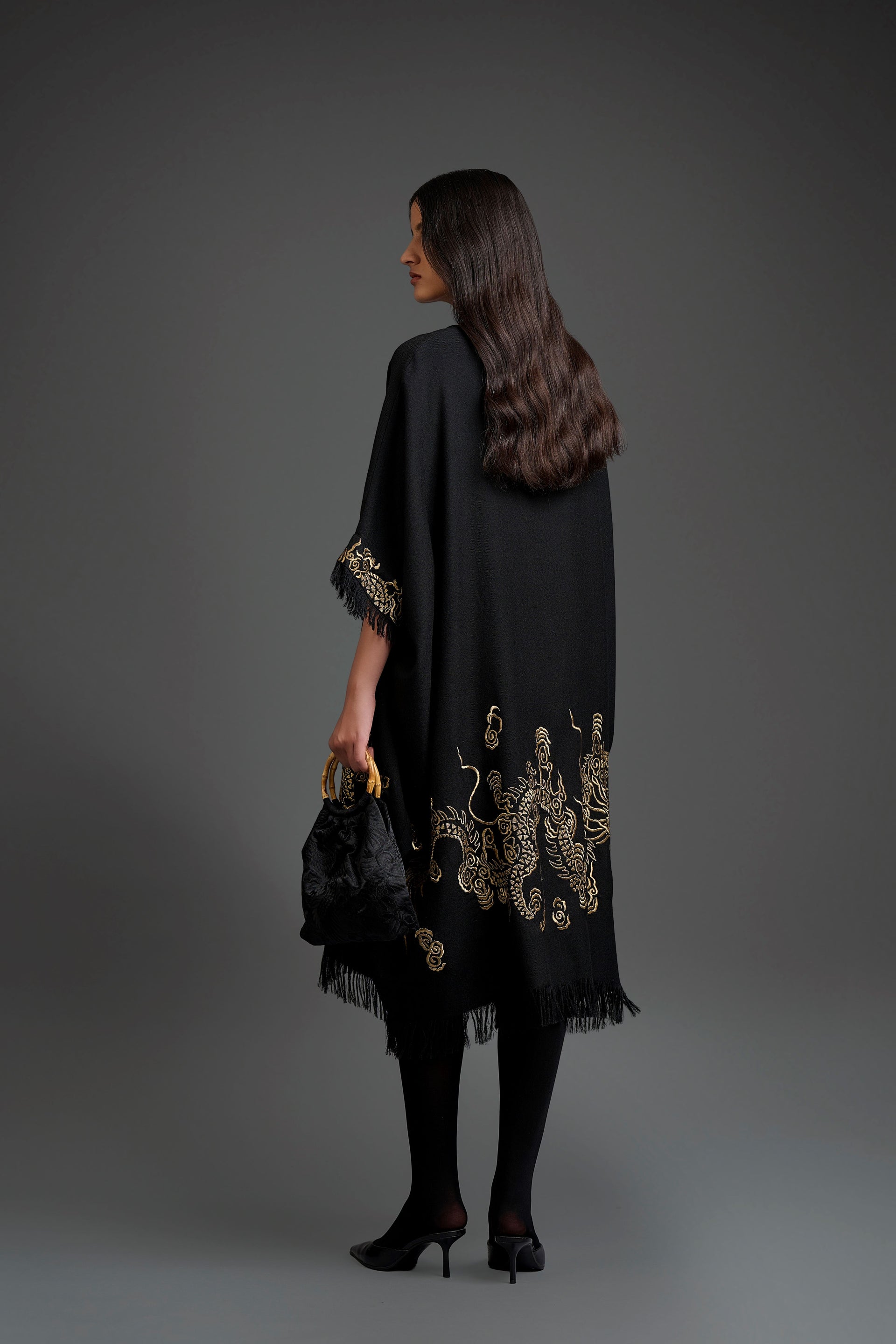 Black Wool Kaftan with Gold Flat Stitch