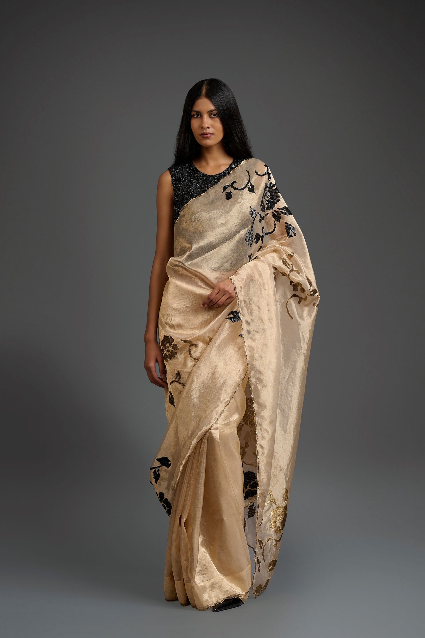 Gold Hand Sequined Silk Tissue Sari