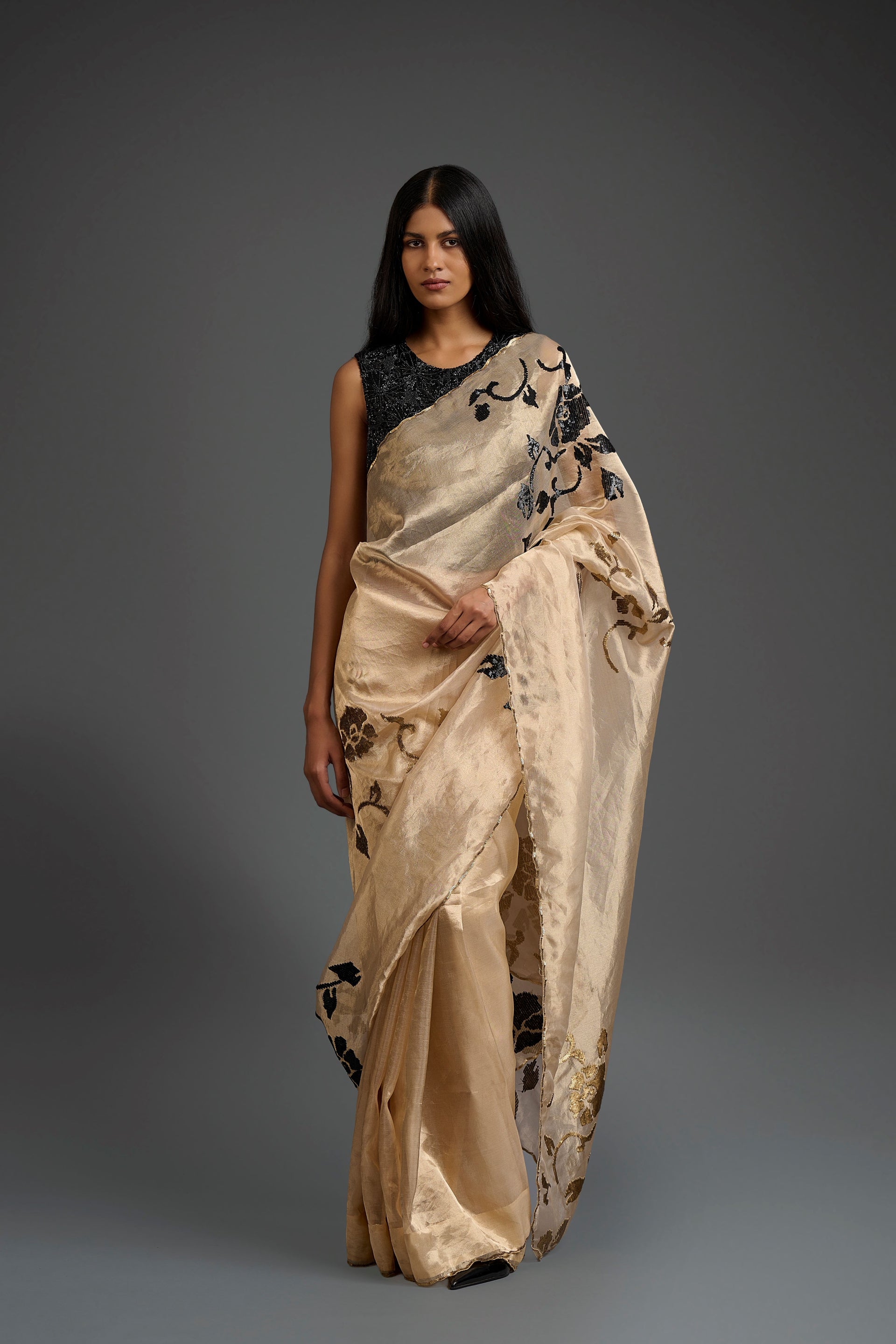 Gold Hand Sequined Silk Tissue Sari