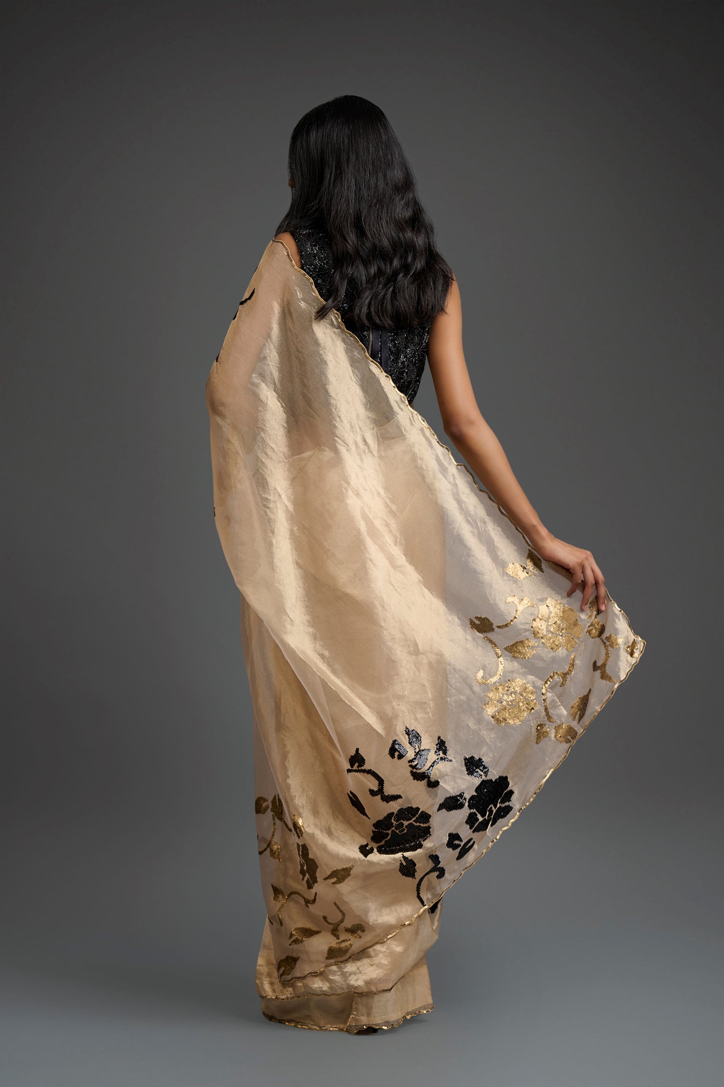 Gold Hand Sequined Silk Tissue Sari