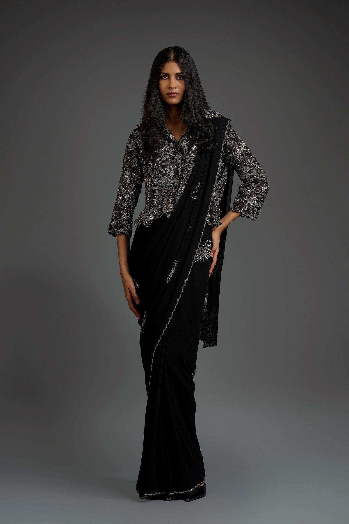 Black Georgette Hand Beaded Sari