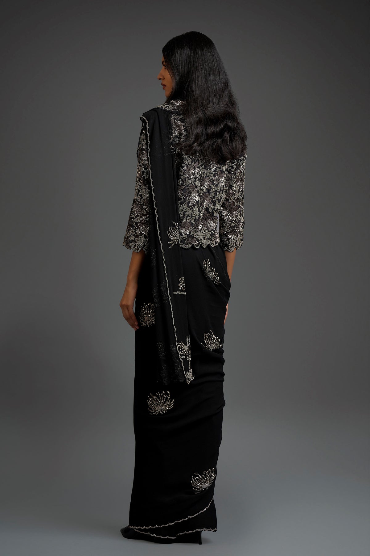 Black Georgette Hand Beaded Sari