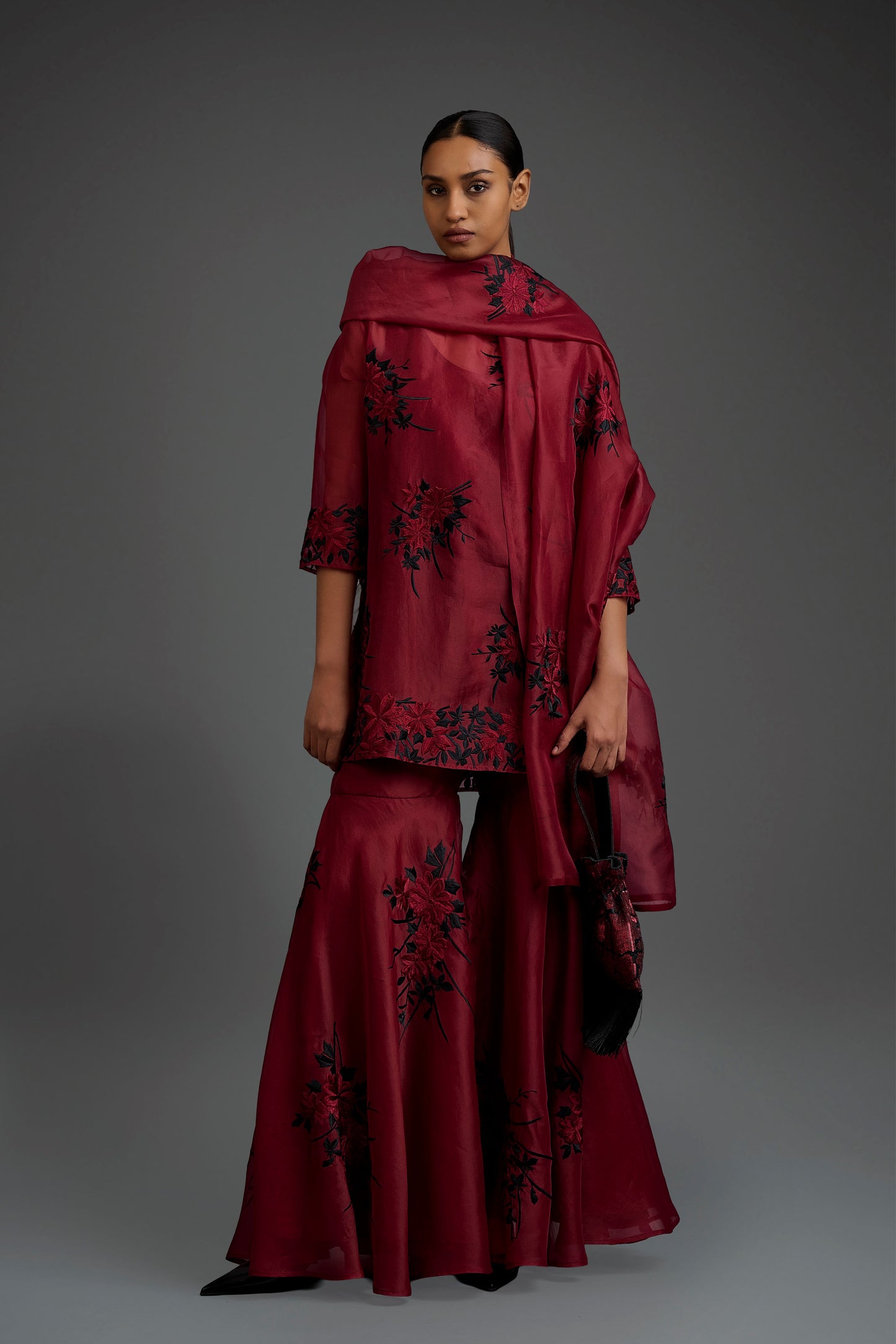 Cherry Hand Beaded Sharara