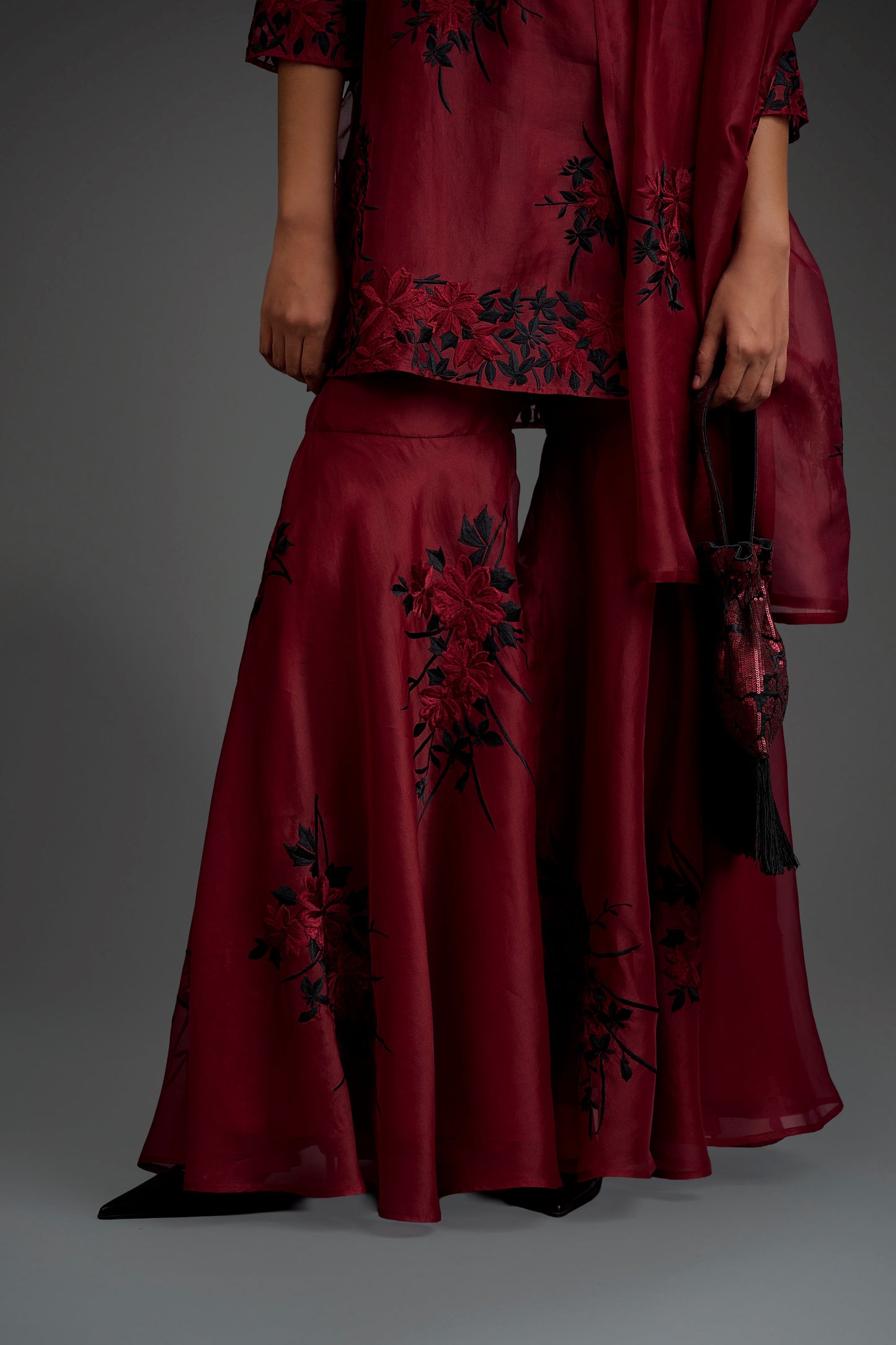Cherry Hand Beaded Sharara