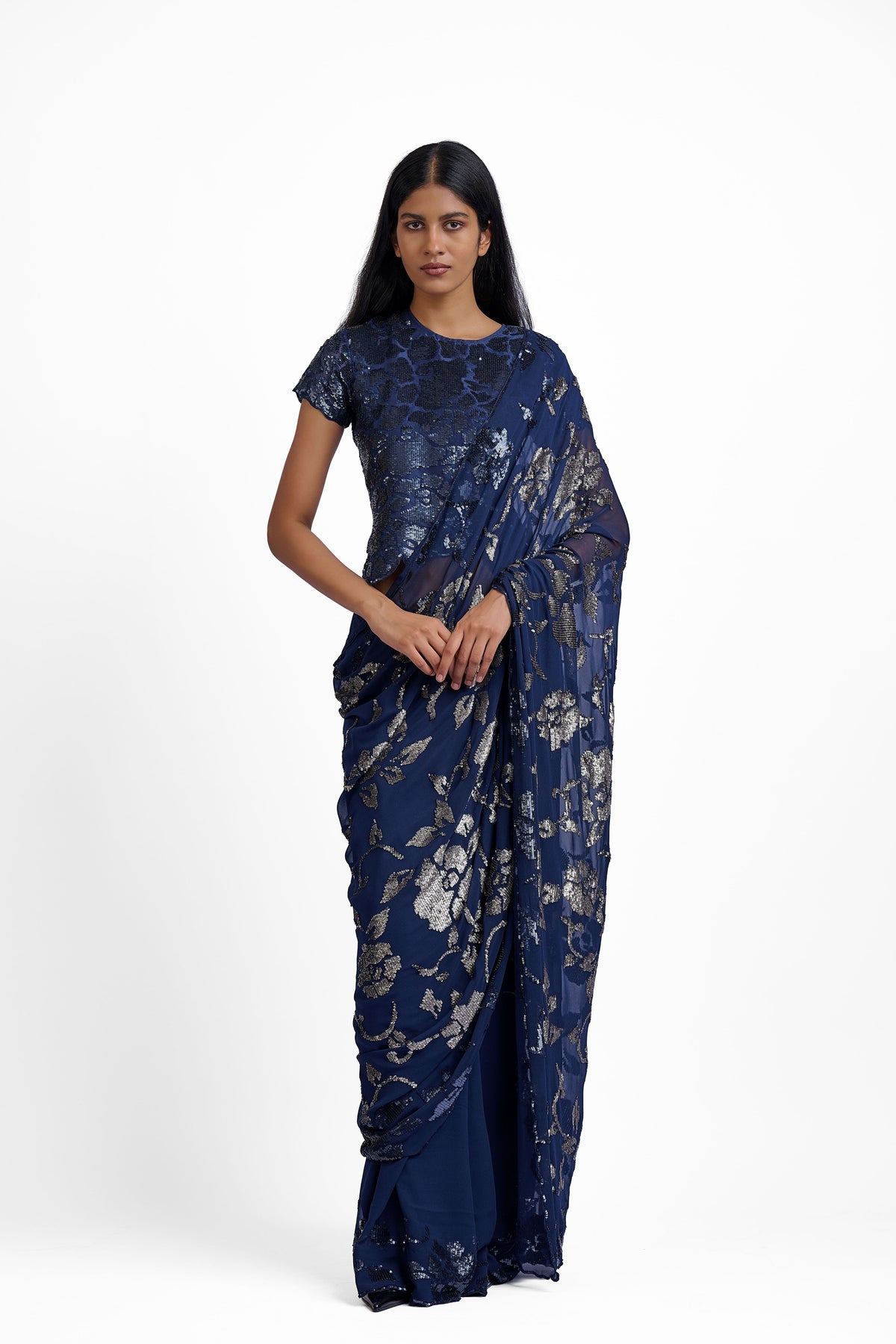 Navy Georgette Hand Sequined Sari